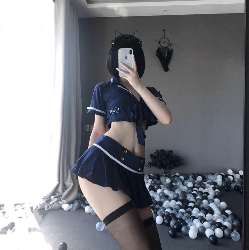 Sexy dark blue short skirt policewoman uniform