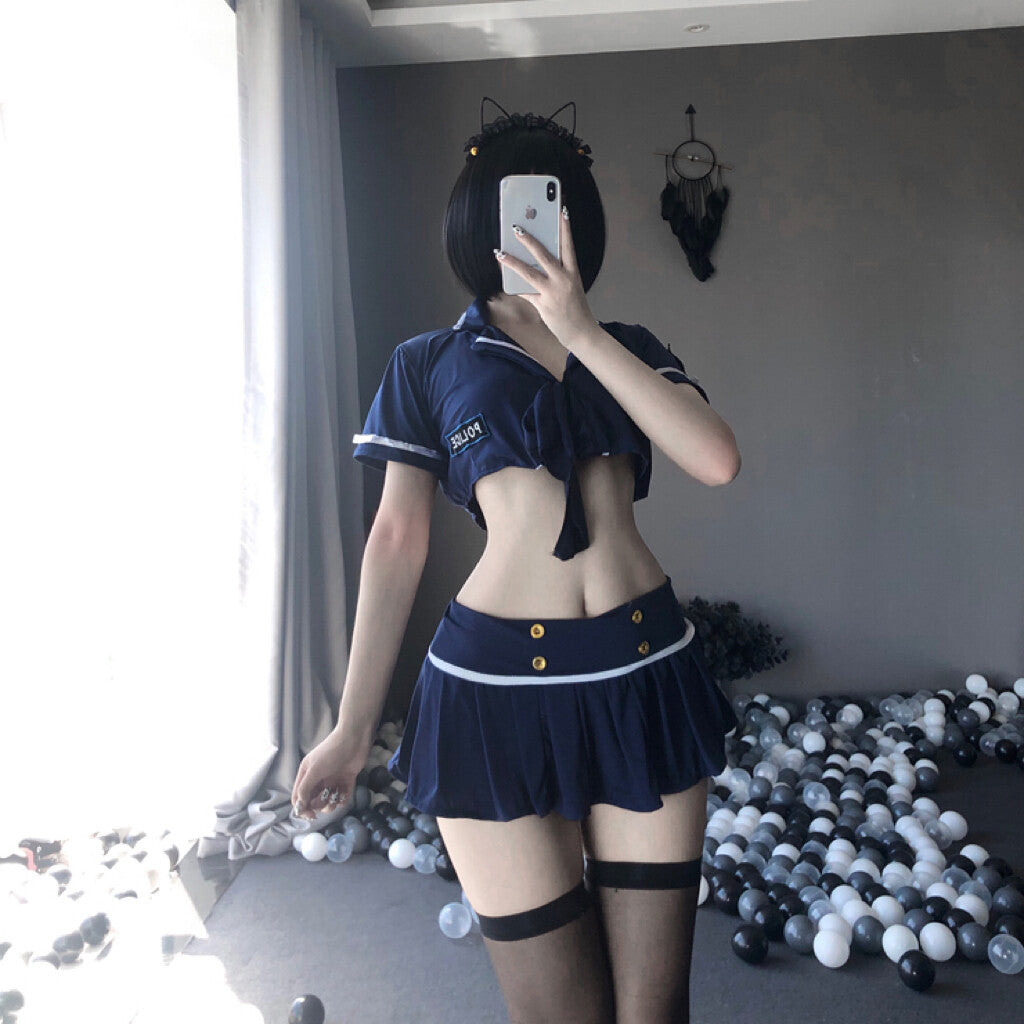 Sexy dark blue short skirt policewoman uniform